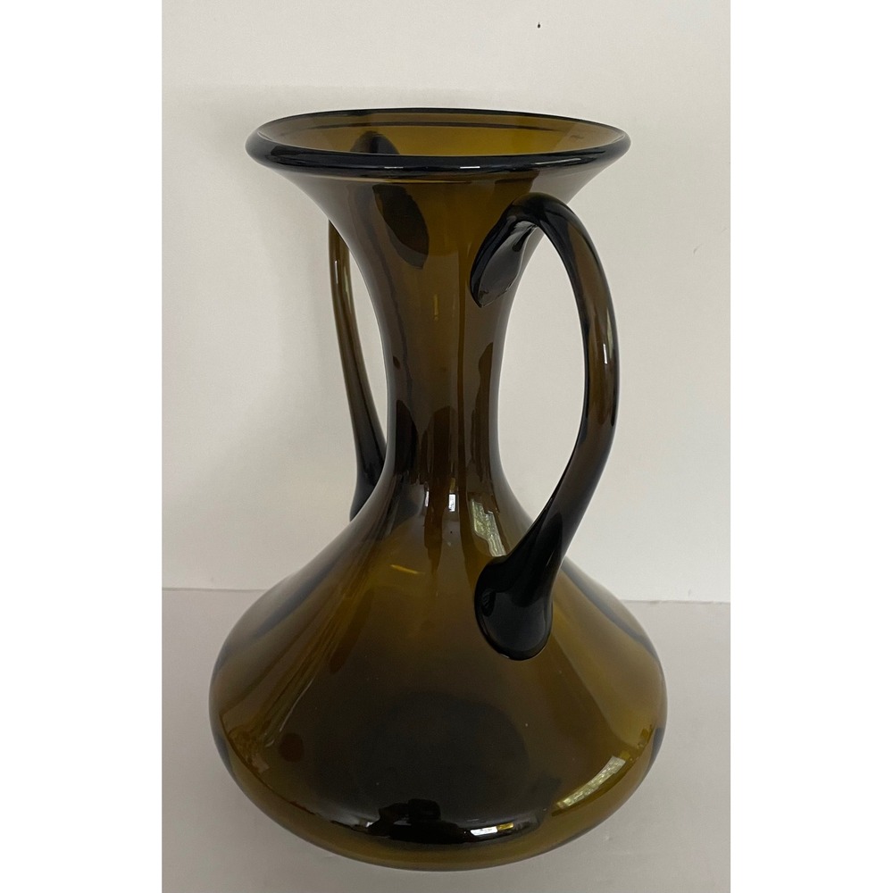 Vtg Mid Century Modern Empoli Glass Double Handle Hand Blown Olive Brown 10.5"" - Picture 12 of 14